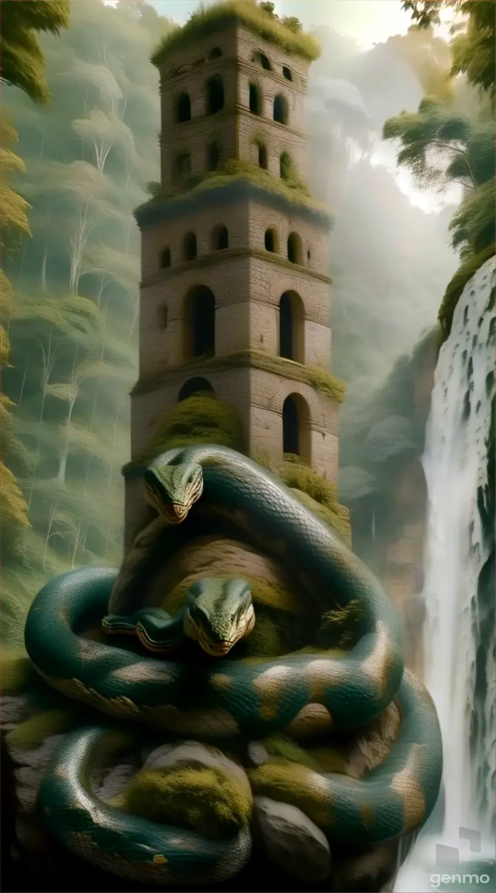 a painting of a snake on a rock with a waterfall in the background