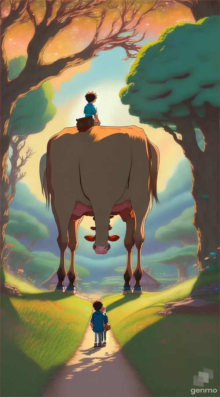 an animated cow and a boy standing together 