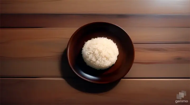 Cleanly spilled rice on a minimal wooden table , creating a rustic aesthetic.