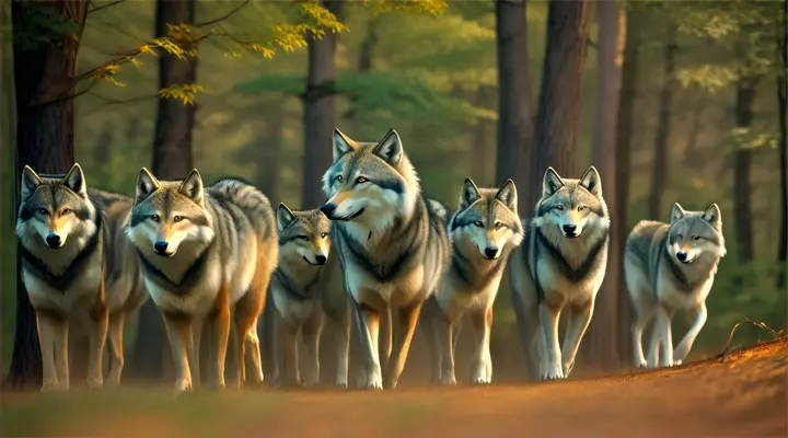 a group of wolfs in a forest, flaunting different colors