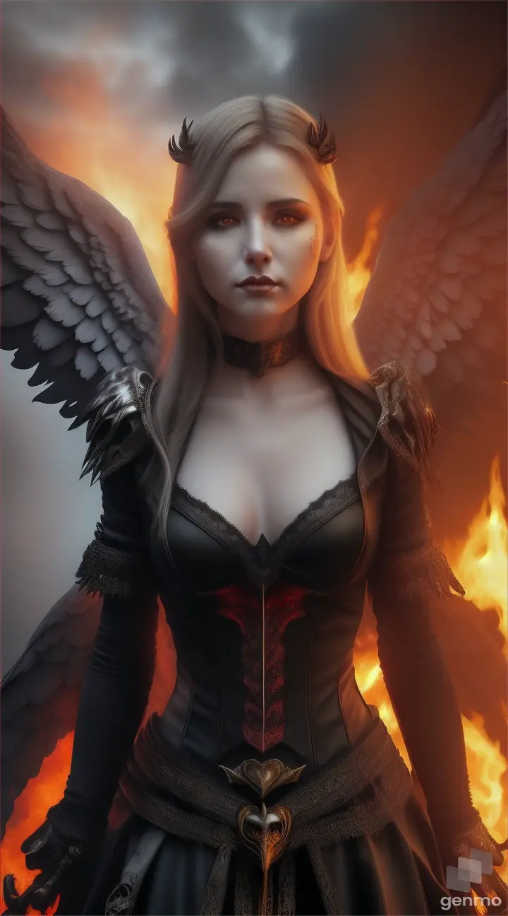 a female angel tearing out her burning heart among skulls, a dark hellish scenery, fantasy art, dark fantasy climate, great details, concept art 4K