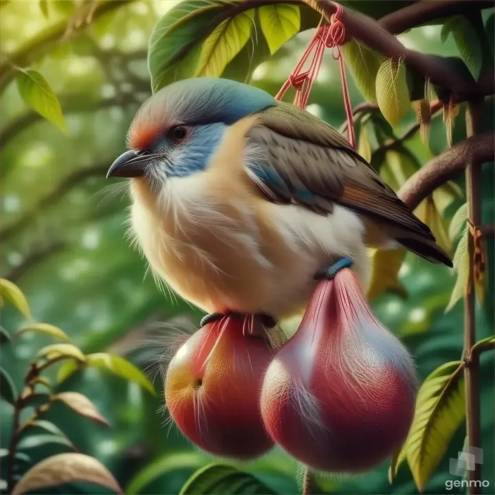 a bird sitting on top of a fruit hanging from a tree