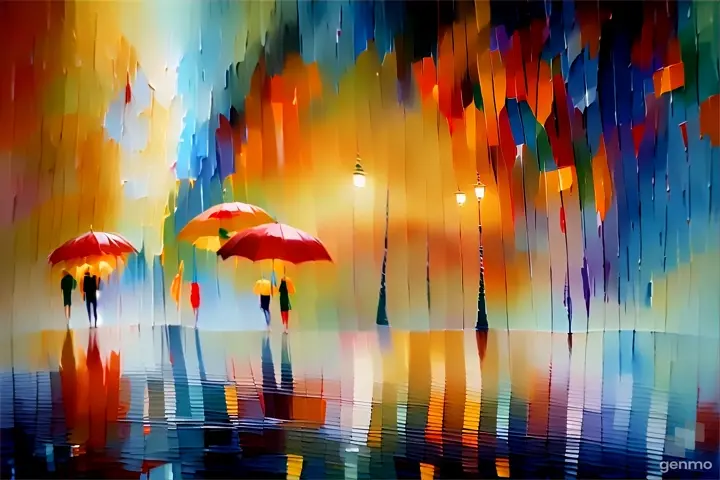 a painting of two umbrellas in the rain