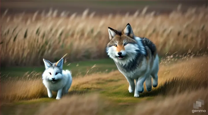 one cunning wolf chasing one white and fluffy rabbit named lilly through the tall grass with so much speed in 16:9 ratio