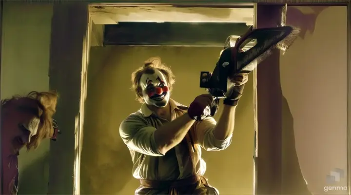 a man dressed as a clown holding a chainsaw