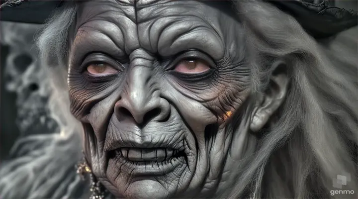 an old Caribbean witch face in a  looking glass and screaming, night time