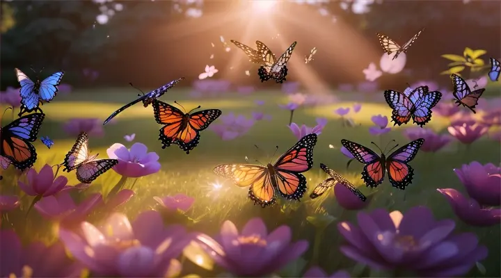 Wide shot capturing the beauty of the garden, with butterflies gracefully dancing from one flower to another, creating a mesmerizing spectacle. Early morning dew gently rests on the vibrant petals and leaves, giving the garden a fresh, ethereal glow as the first rays of sunlight filter through. Pixar 3D. 16:9