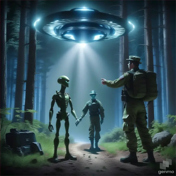 a military man and a alien standing in a forest