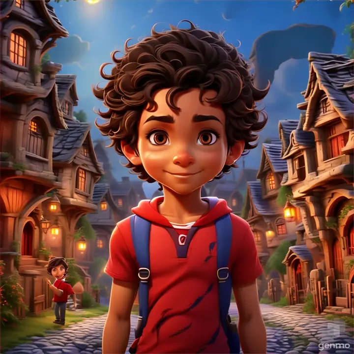 a boy in a red shirt standing in front of a street, MAKE THE BOY AND BACKGROUND MOVE 