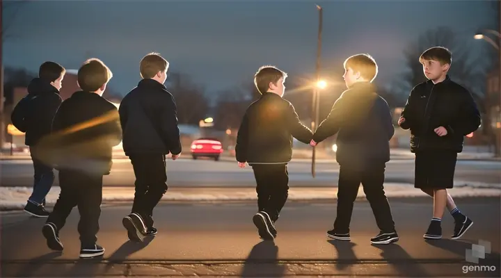 25 years old Six Boys hand a stick  at night