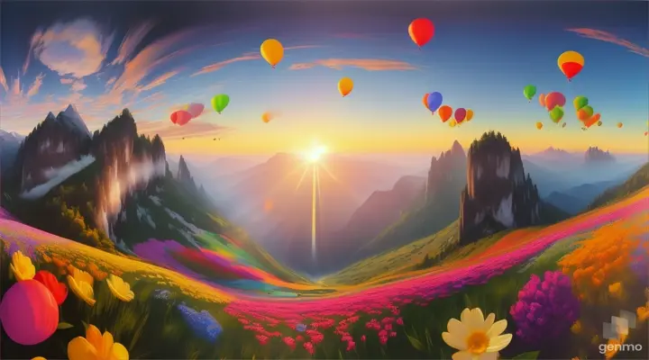 A serene virtual reality painting of a mountain sunrise with vibrant flowers and balloons in the foreground.