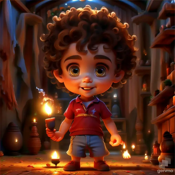 a little boy with curly hair holding a lit candle, MAKE THE SCENE REALISTIC 