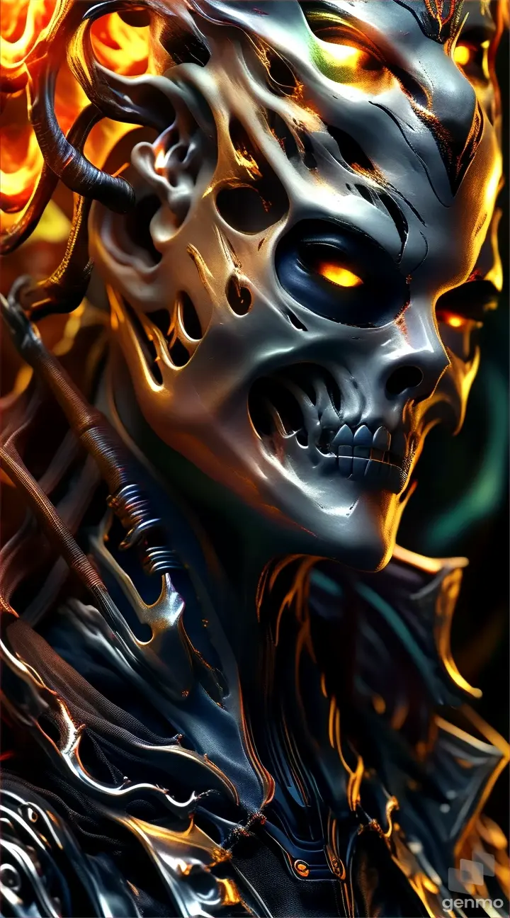 a close up of a person with fire in the background