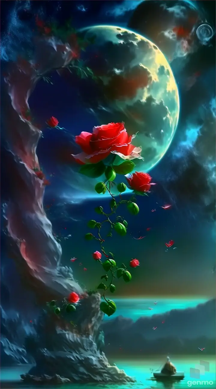 a painting of a red rose floating in a body of water