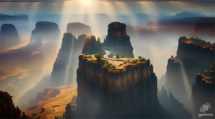 A hazy canyon landscape during the Three Kingdoms, dramatic lighting filtering through towering rock formations