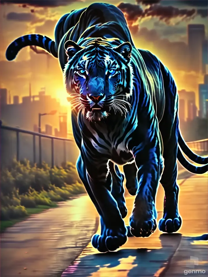 a painting of a blue tiger running down a sidewalk