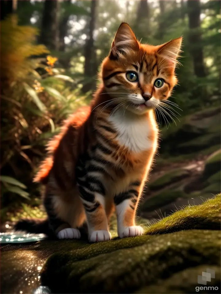 Inside the dense forest, the sun slowly set behind the tall trees. Whiskers, a cute kitten with orange fur, got lost in the forest