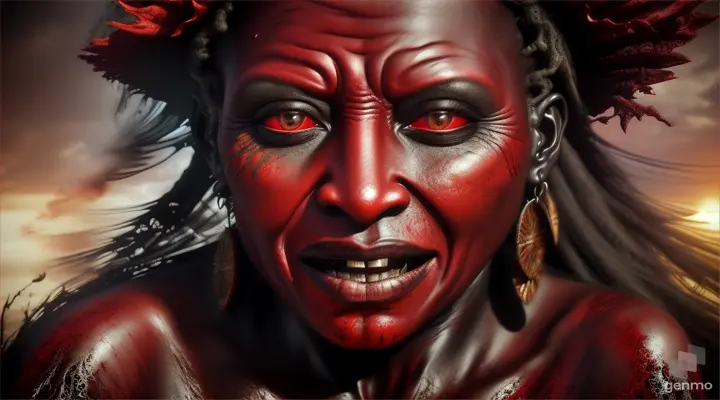 old Caribbean witch, red skin, screams and melts, sunlight