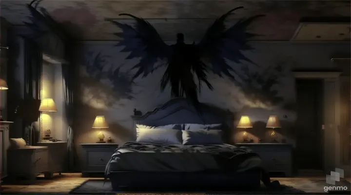 a dark bedroom with a bed and two lamps