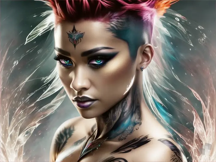 Stunning alcohol ink fantasy 3/4 portrait, intense and fierce gaze, Mohawk, tattoos, prompt by McKay, there is splashing and dripping ink, magical, portal, intense, elegant, majestic, mysterious, strongly lit, the face is a mix of Zendaya and Rita Ora, swirling, beautiful, shimmering, textured, edgy, realistic, moody, odd, strange, magical backdrop and scenery, eye catching, super cool, gossamer, ethereal, fantasy, award winning, thought provoking, hyper detailed face and eyes, highly detailed, beautifully lit, scattered light, sunbeams, 