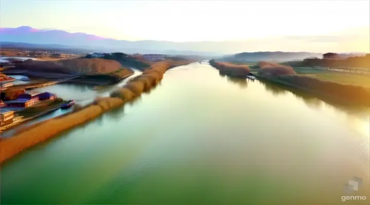 an aerial view of a river. on the right bank there are marshes and a small ancient roman temple. an ncient wooden boat is slowly going through the river