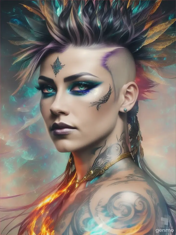 Stunning alcohol ink fantasy 3/4 portrait, intense and fierce gaze, Mohawk, tattoos, prompt by McKay, there is splashing and dripping ink, magical, portal, intense, elegant, majestic, mysterious, strongly lit, the face is a mix of Zendaya and Rita Ora, swirling, beautiful, shimmering, textured, edgy, realistic, moody, odd, strange, magical backdrop and scenery, eye catching, super cool, gossamer, ethereal, fantasy, award winning, thought provoking, hyper detailed face and eyes, highly detailed, beautifully lit, scattered light, sunbeams, 