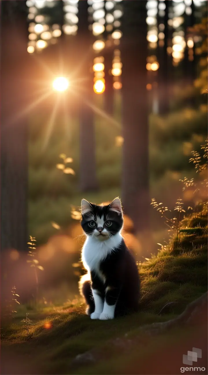 In the middle of a dense forest, the sun slowly sets behind the tall trees. A cute and curious Persian kitten with shaggy fur, he was lost in the middle of the forest.