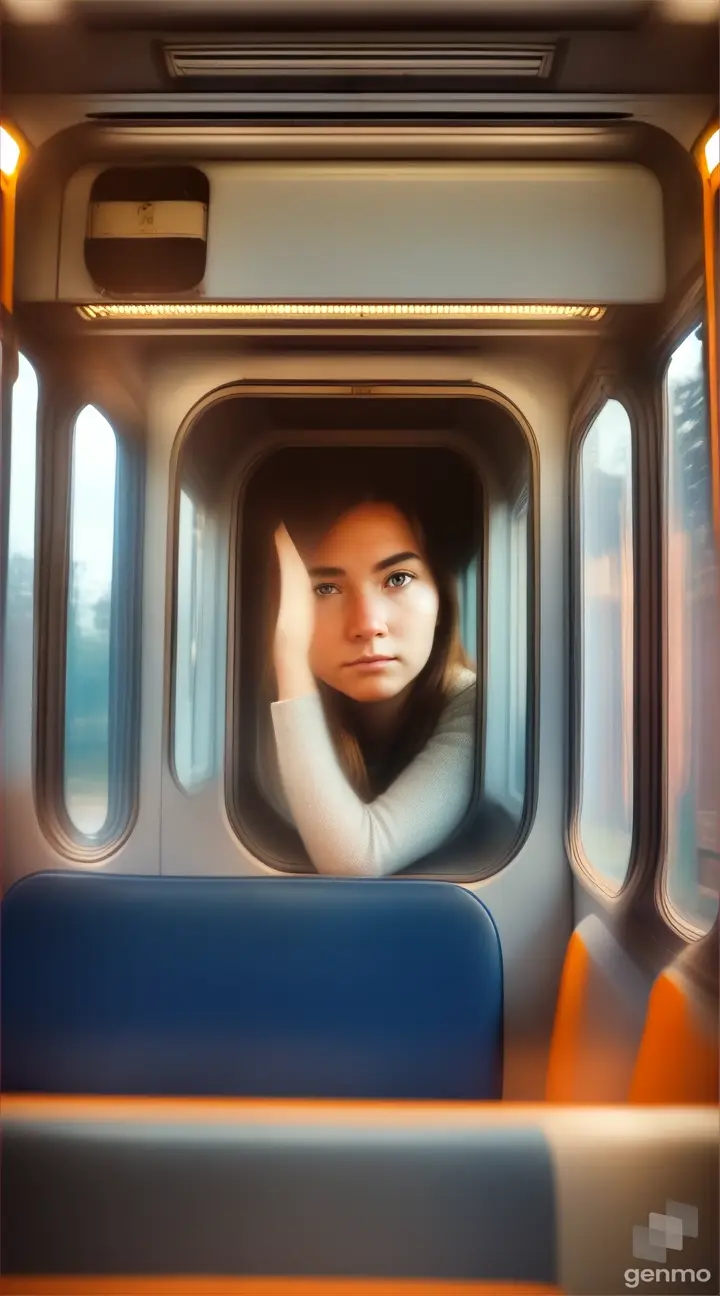 persona dentro del tren pensando y observando en la ventana mientras el tren esta en movimiento 8k , realistico