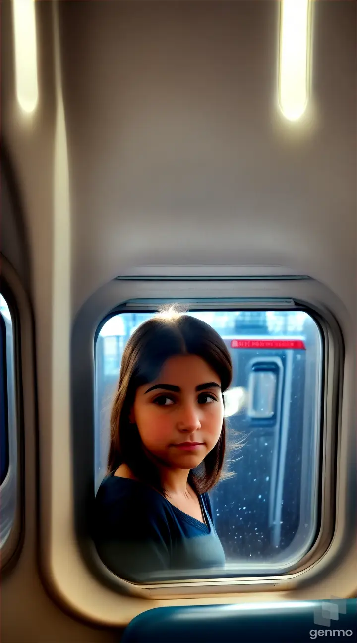 persona dentro del tren pensando y observando en la ventana mientras el tren esta en movimiento 8k , realistico