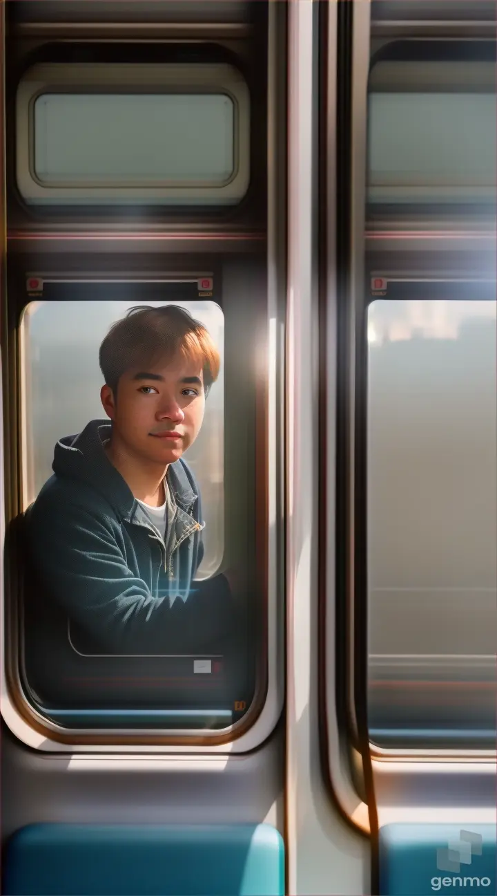 persona dentro del tren y observando en la ventana mientras el tren esta en movimiento 8k , realistico