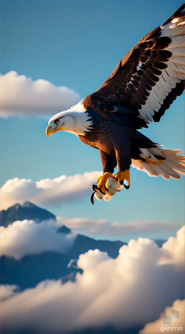 una aguila hermosa 8k volando nubes perfectas sol brillante