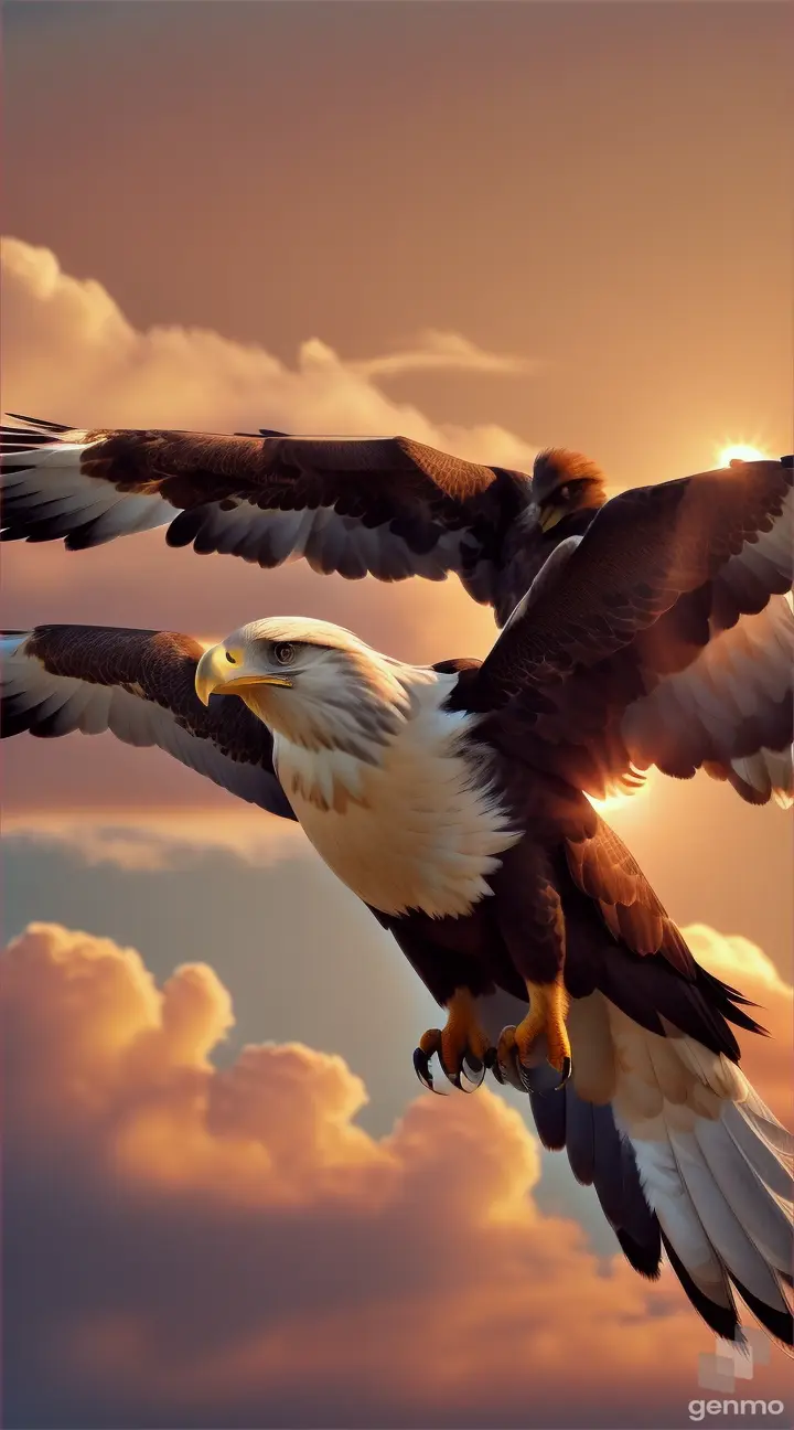 una aguila hermosa 8k volando nubes perfectas sol brillante