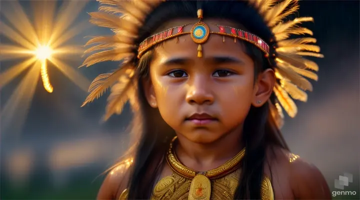 A teen native boy doing traditional dance of rain with his light made totem animal going out his navel and circling the boy around and radiating golden light and rays 