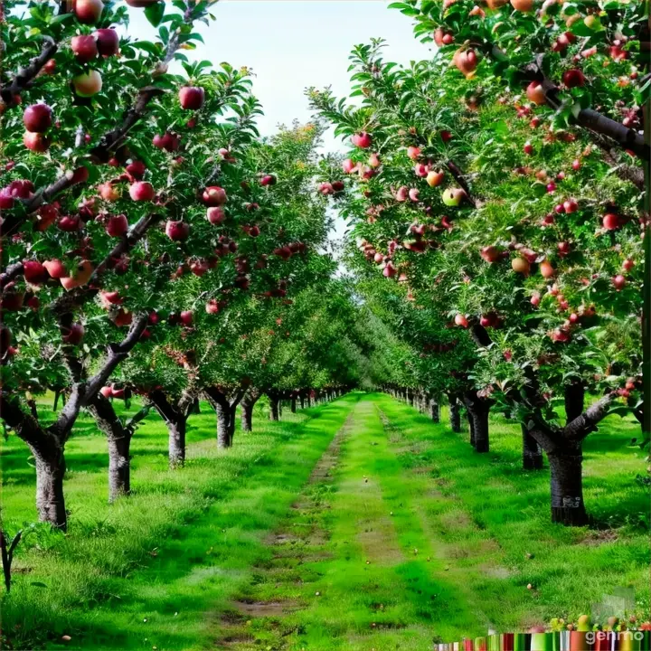 an apple orchard with rows of trees and green grass