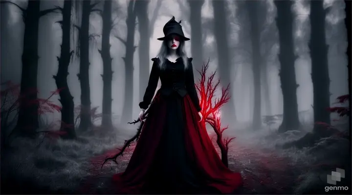 The horrible witch was totally wet in red color, only her white pupil of her eyes were visible,  in that night at forest,  ..distant view.. full screen
