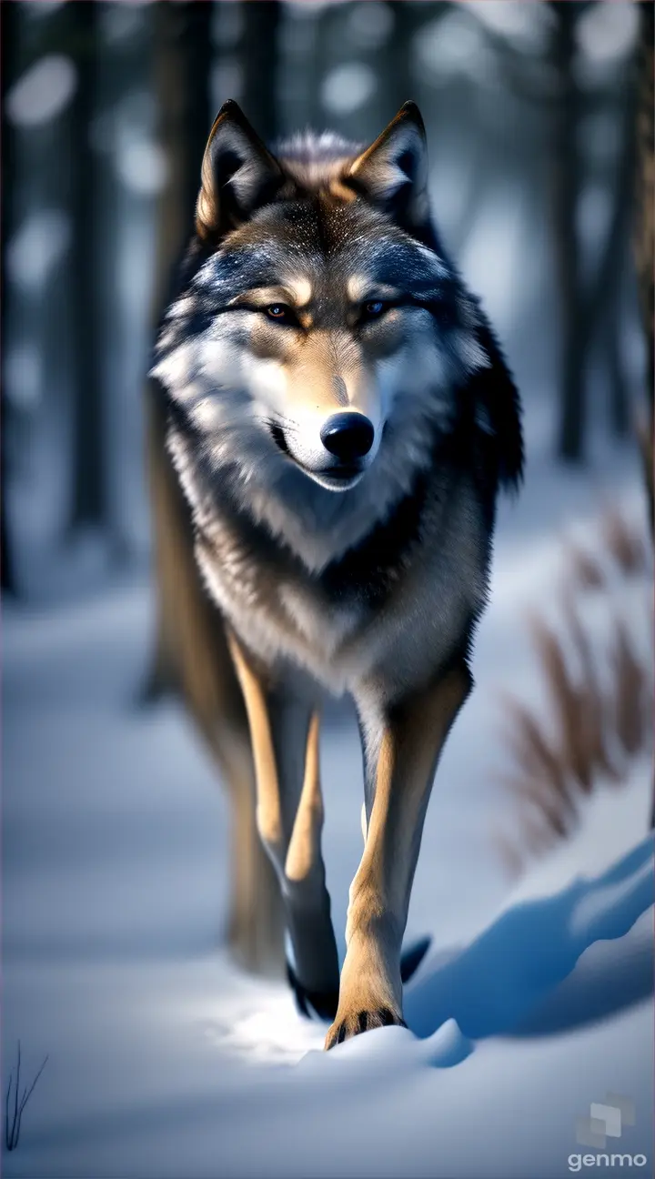 lobo realistico 8k en el bosque lleno de nieve ,caminando en la noche