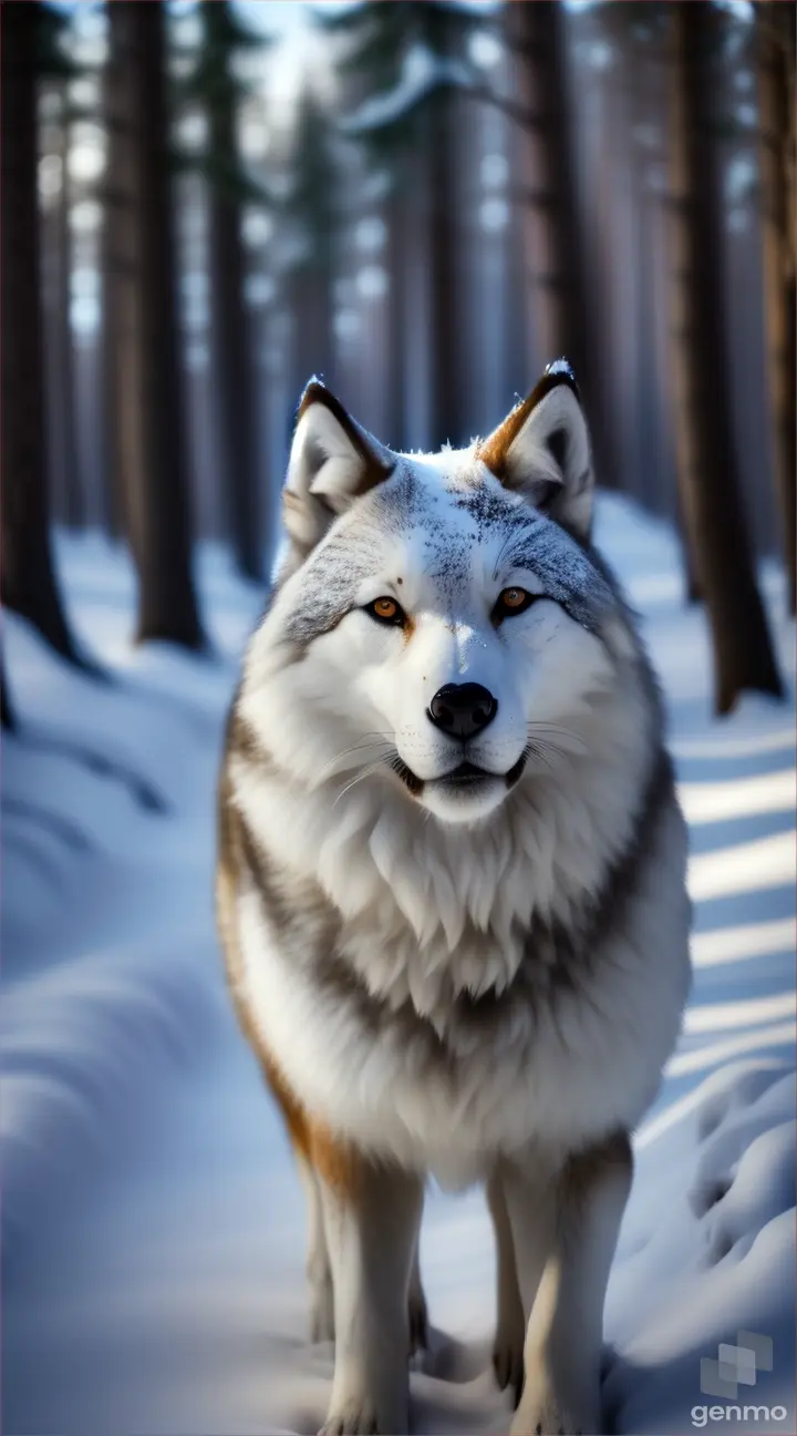 lobo realistico 8k en el bosque lleno de nieve ,caminando en la noche