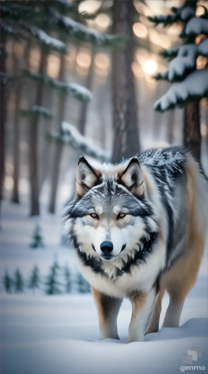 lobo hermoso caminando en el bosque ,nieve ,perfecta 8k , realisitico
