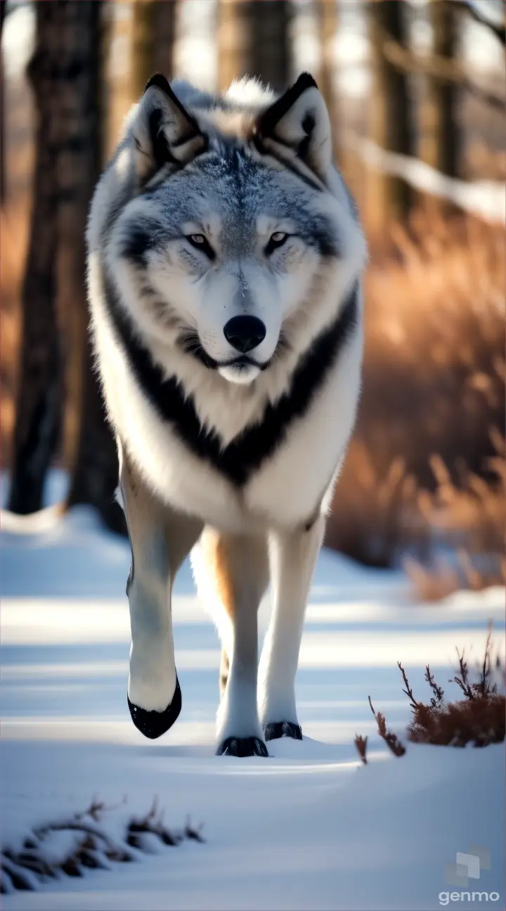lobo hermoso caminando en el bosque ,nieve ,perfecta 8k , realisitico