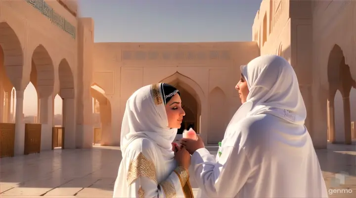 2 arab hijabi women wearing all white abaya and hijab in ancient mecca, one of the women is holding one boy baby wrapped in a white cloth,while they sit in an ancient arabian courtyard at sunset, camera view from their backs, landscape