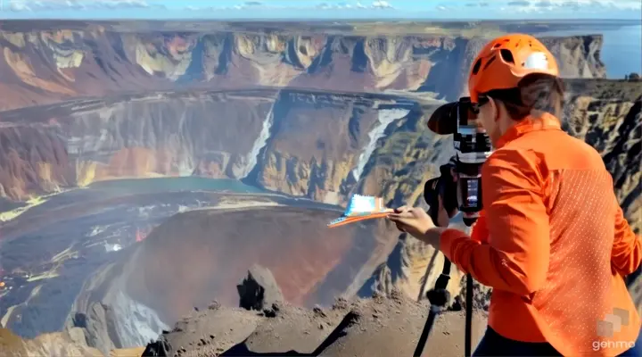 a woman in an orange shirt is taking a picture of a cliff
