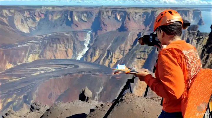 a woman in an orange shirt is taking a picture of a cliff