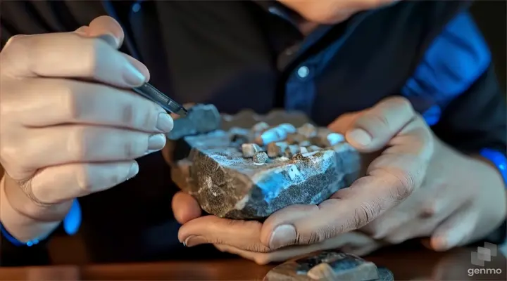 a person holding a rock with a knife in their hands