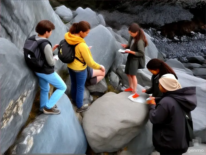 a group of people standing on top of a rocky hillside