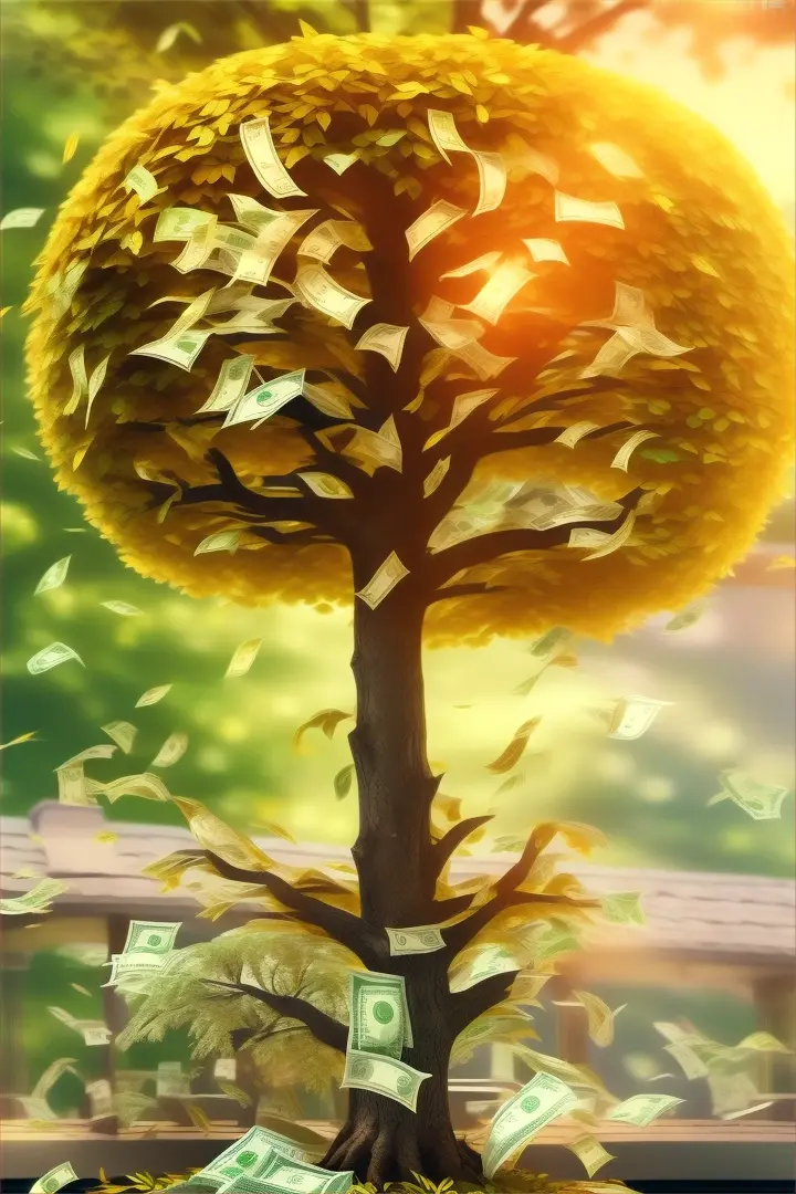 a money tree with a lot of money coming out of it