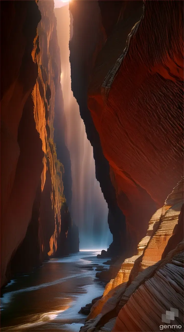 The rugged beauty of a canyon carved by the relentless force of flowing water, with sheer walls rising high above.
