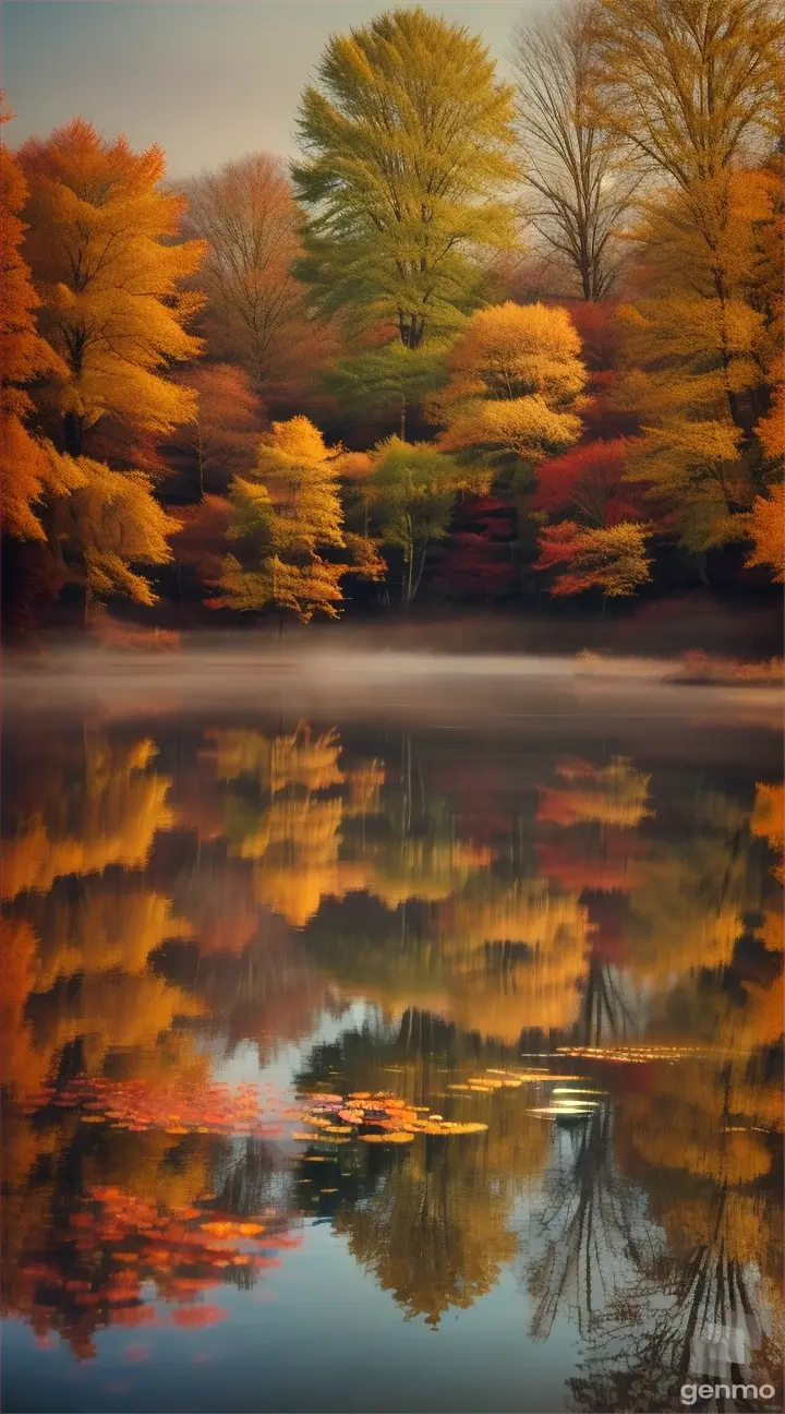 A tranquil pond reflecting the vibrant colors of autumn foliage that surrounds it.
