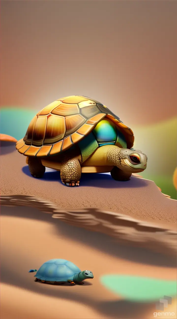 an animated cute little TORTOISE IS PUTTING OFF HIS SHELL PRESENT ON HIS BACK