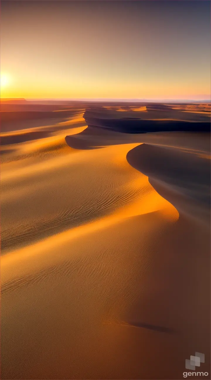 A serene desert landscape bathed in the warm glow of the setting sun, with sand dunes sculpted by the wind.
