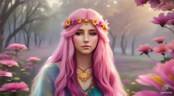 The image depicts a character with their face blurred, surrounded by a serene and mystical environment. The character has long, flowing pink hair adorned with flowers and wears intricate golden jewelry. horizontal image